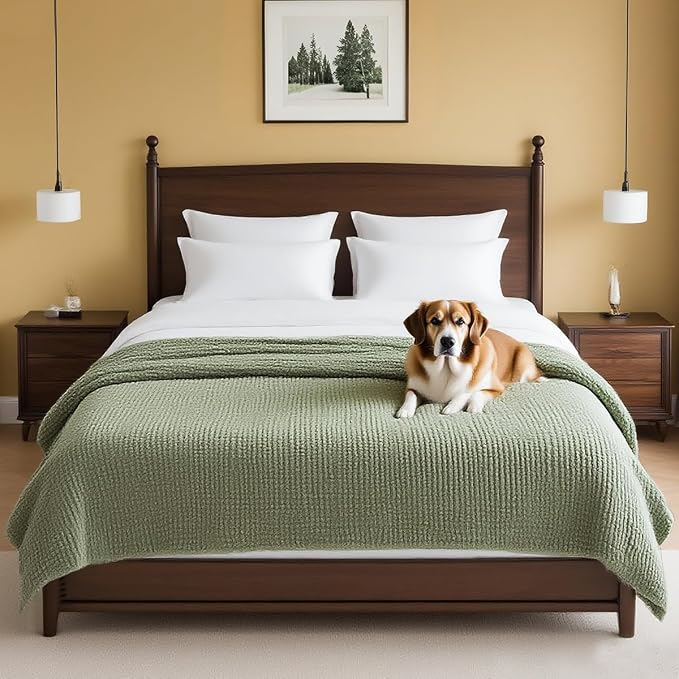 H.VERSAILTEX Plush Chenille Couch Cover for Dogs Pets Blanket for Bed Anti-Slip Soft and Durable Furniture Protector for Small Medium Large Cats Washable (52" x 82", Sage)