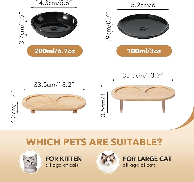 Havniva Elevated Cat Bowls, Cat Food and Water Bowl Set, Ceramic Cat Bowl | Raised Cat Food Bowls, Whisker Friendly, 5.6” Shallow Cat Dishes + 6” Wide Cat Plates, Non-Slip Wood Stand, Two Heights