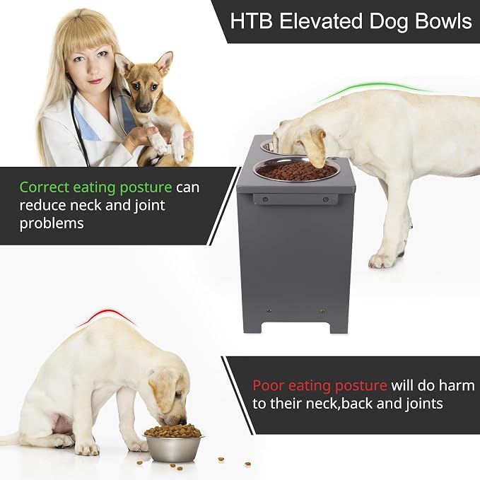 HTB Elevated Dog Bowl Stand with 2 Stainless Steel Bowls-14 H X-Large Grey | Raised Dog Bowl Stand, 14"tall, 48 Oz Bowls, for Large Sized Dogs, Pet-safe, Solid Bamboo