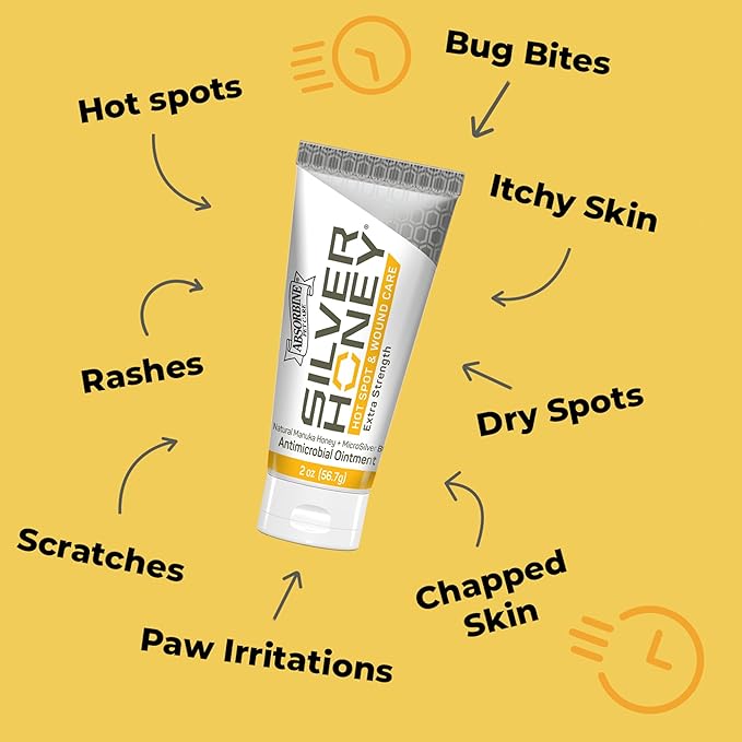 Absorbine Silver Honey Hot Spot & Wound Care Ointment 2oz Tube, Manuka Honey & MicroSilver BG, Medicated for Dogs, Cats, Small Animals (Pack of 2)