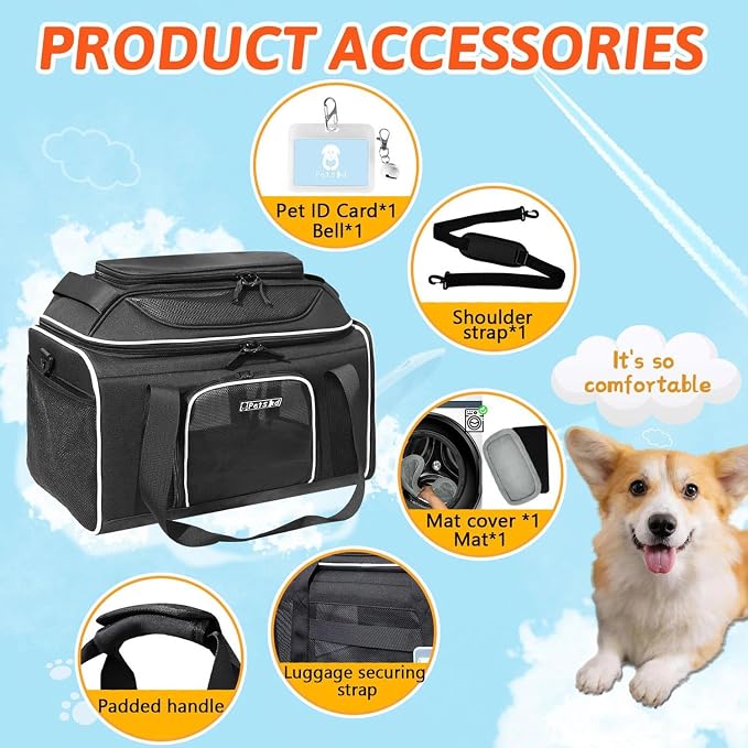 Petskd Top-Expandable Pet Carrier 18x13x9.5 Inches Southwest Airline Approved, Soft-Sided Carrier for Small Cats and Dogs with Locking Safety Zippers and Anti-Scratch Mesh(Black)