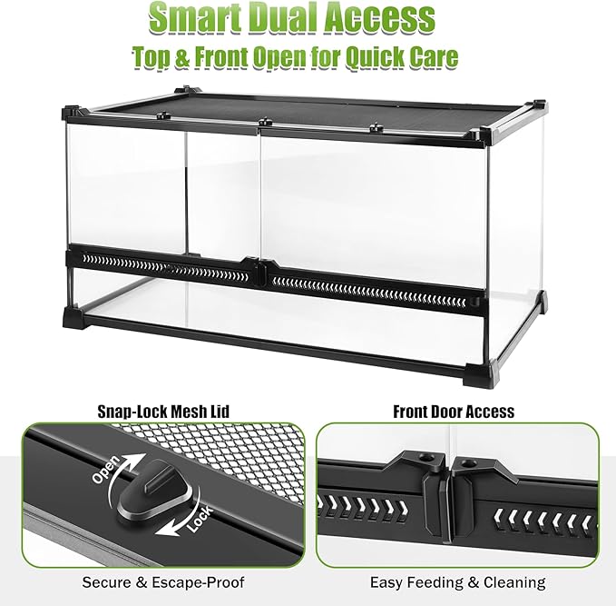 Reptile Terrarium 20"x12"x10", Full Glass Tank Enclosure for Small Reptiles, Geckos, Frogs, Lizards, Snakes, Spiders, Turtles, Rainforest Terrarium Habitat