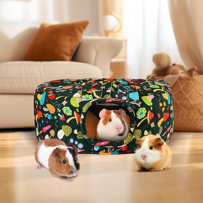 Guinea Pig Hideout & Tunnels Cozy House with Door Curtain Soft Bed for Small Pets/Hamsters/Sugar Gliders/Chinchillas - Blackish Green Mushroom