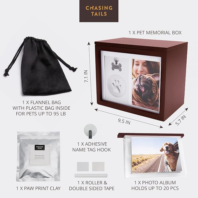 Chasing Tails Pet Urns for Dogs Ashes Keepsake - Memorial Dog Urns for Ashes Personalized, Cat Urns for Ashes, pet urns for Dogs Ashes Small - Includes Pet Paw Print Kit, Picture Frame and Photo Book