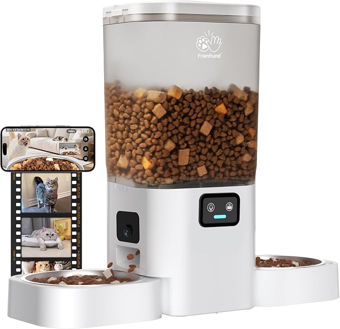 Frienhund Automatic Cat Feeder with Two 1080P Camera for 2 Cats: 7L Automatic Dog Feeder with Night Vision & Slow Feed, 5G WiFi Auto Cat Food Dispenser for Multiple Pet,Detachable for Clean(ACF180W-C)