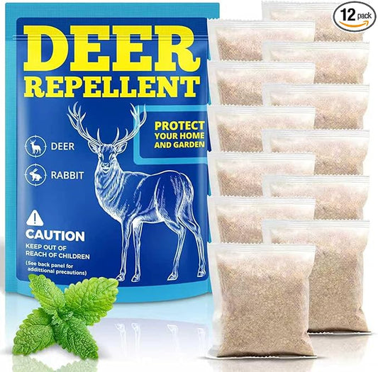 Deer Repellent 12 Pouches, Rabbit Repellent Outdoor for Plants, Natural Deer Deterrent Keep Deer and Rabbit Out of Garden Yard, Powerful Deer Repellent for Orchard Plants Trees Vegetables Flowers