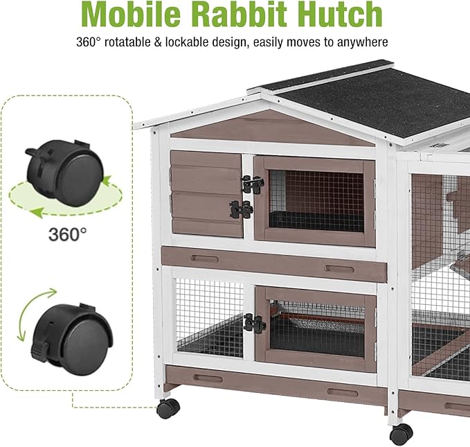 Rabbit Hutch Indoor Outdoor, 62" Wooden Rabbit Cage with 6 Lockable Wheels, Bunny Cage with Pull Out Trays, Waterproof Asphalt Roof, Small Animal House for Rabbits, Guinea Pigs, Chinchillas