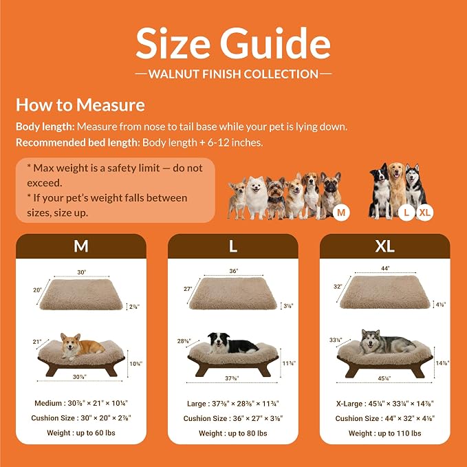 Elevated Wood Dog Bed Frame Mat Set, WalnutPattern, Large | Raised Sturdy Attractive Dog Sofa Couch Furniture, 80 lb