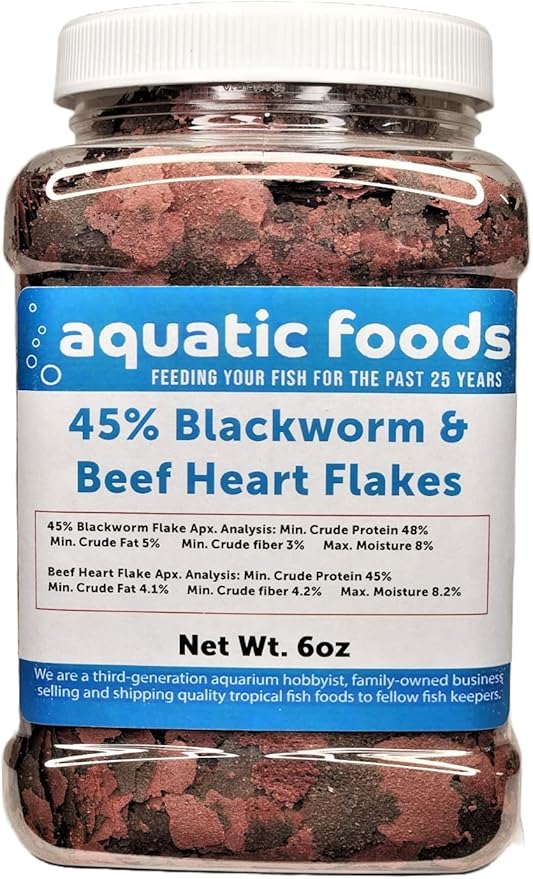 Aquatic Foods Inc. 45% Blackworm Flake & Beef Heart Flake Mix for Discus, Cichlids, All Tropical Fish. Aquatic Foods Premium Flakes…6oz Med Jar