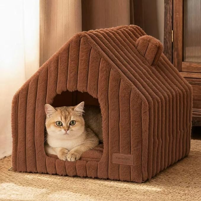 FUKUMARU Cat Bed Cave, Enclosed Washable Covered Dog Bed with Support Frame | Large Cat House for Indoor Cats, Cozy Cat Hideaway for Anxious Cats, Soft Plush Faux Fur Cat Tent Bed, Non-Slip Bottom, Brown