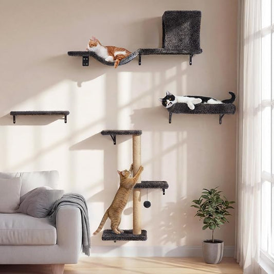 FUKUMARU Cat Wall Shelves, 4 in 1 Set, Grey | Stable & Safe Cat Walls Furniture, Wooden Kitten Climbing Wall with Scratching Post for 16 Inch Drywall