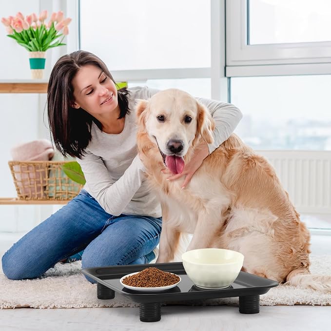 Marsui Ant Proof Pet Food Tray, Waterless Raised Cat Dog Bowl Stand with Adjustable Legs, No-Fill Physical Barrier for Indoor Feeding Station, Kitchen Sweets and Trash Area(43mm-75mm,Black)