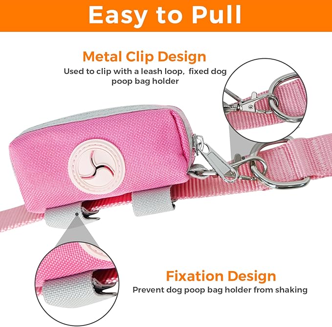 Dog Poop Bag Holder Zippered Pouch, Portable Waste Bag Dispenser with 1 Metal Clip, Fashion Color Matching Canvas Holder for Leashes - Pink