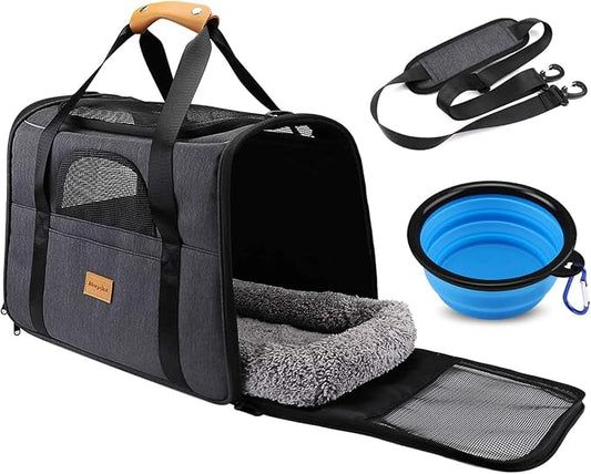Morpilot Pet Carrier Bag, Portable Cat Carrier Bag Top Opening, Removable Mat and Breathable Mesh, Foldable Cat Carrier Transport Bag for Dogs and Cats, with Shoulder Strap and Pet Bowl, Gray