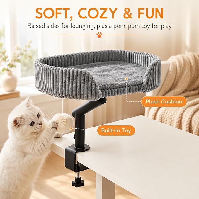 Cat Desk Bed with 3 Mats for All Seasons, 360° Rotating Adjustable | Clamp-On Desk Cat Bed with Reversible Plush Cushion, Sisal Scratch Mat, Cooling Mat & Hanging Ball, Supports 50 lbs, Grey