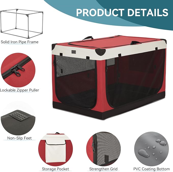 PETSFIT 40" Soft Portable Dog Crate – Patented Spiral Sturdy Frame, Collapsible Travel Kennel for Large Dogs, 3 Mesh Door, Lockable Zippers, Indoor & Car Use Red
