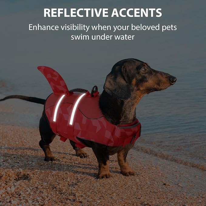 Shark Dog Life Jacket, LifeVests for Boating, High Buoyant Dog Life Vest for Swimming, Adjustable Easy On Pet Jackets for Small, Medium, Large Dogs (Red Triangle,XXL)