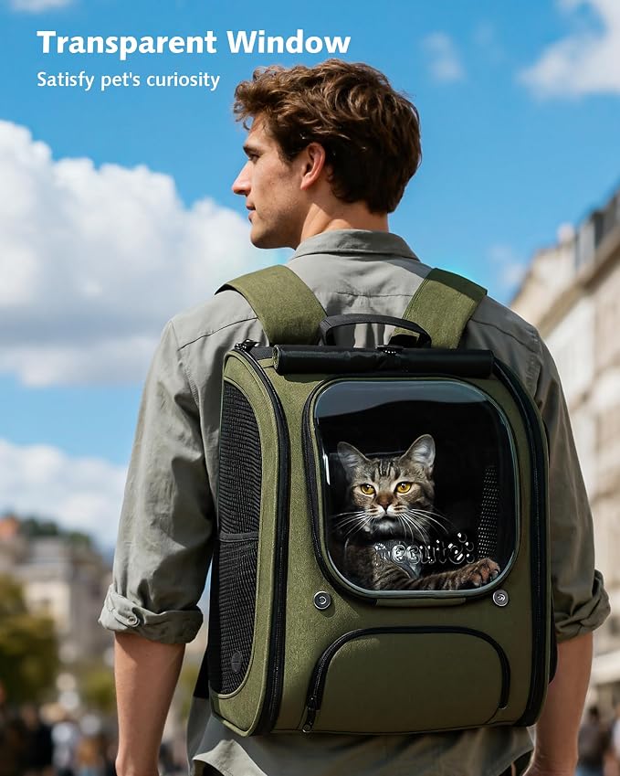 Pecute Cat Backpack Carrier,Large Space Cat Bubble Backpack,Ergonomic,Green | Expandable,Sunshade Curtain,Transparent Window,Safety Rope,Sturdy,Large Mesh on Both Sides for Breathability,for Outdoor,Vet