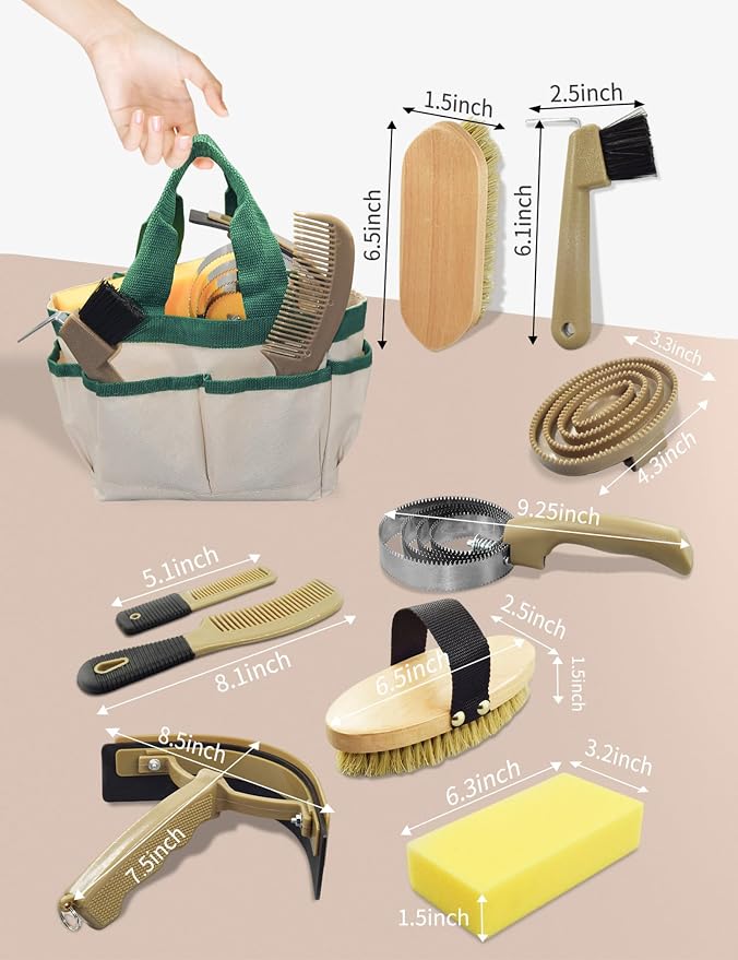 Professional 10 Pieces Horse Grooming Kit with Tote Bag, Horse Brush & Curry Comb Set for Effective Grooming and Bathing, Equine Coat Care Tack Room Supplies, Horse Gifts for Girls
