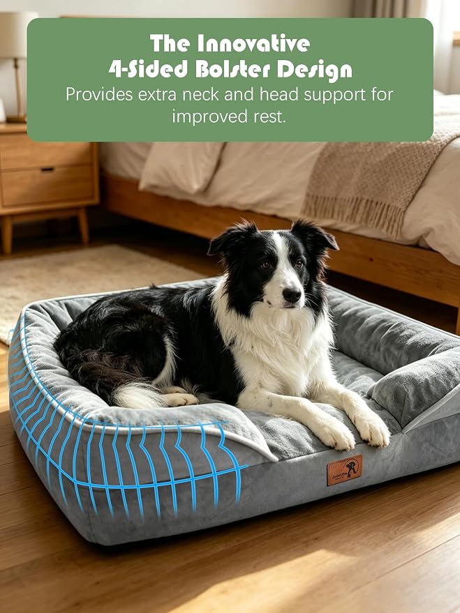 Spotted Play Orthopedic Dog Bed with Sides - Dog Sofa Beds for Large Dogs, Supportive Foam Pet Couch Bed with Washable Removable Cover, Waterproof Lining and Non-Slip Bottom, Grey - L