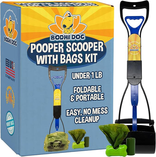 Bodhi Dog Complete Poo Pack- 24" Pooper Scooper, Poop Bags, & Waste Bag Holder, Ideal for Small to XL Pets - Durable, Easy-to-Use, Great for Grass, Gravel, & Outdoor Cleanups (Blue)