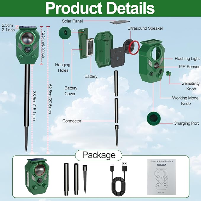 Ultrasonic Animal Repeller Outdoor,Cat Repellent & Deterrent with PIR Sensor & Flashing Light,Solar Powered Deer Repellent Device for Squirrels,Raccoons,Skunks,Rabbits,and Dog,IP65 Waterproof - 4 Pack