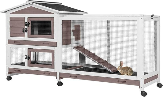 Large Rabbit Hutch Indoor Outdoor, Wooden Rabbit Cage with Wheels, 62'' Mobile Bunny Cage with Chew-Proof Ramp, Pull-Out Tray, Waterproof Roof, Guinea Pig Habitat (Brown)