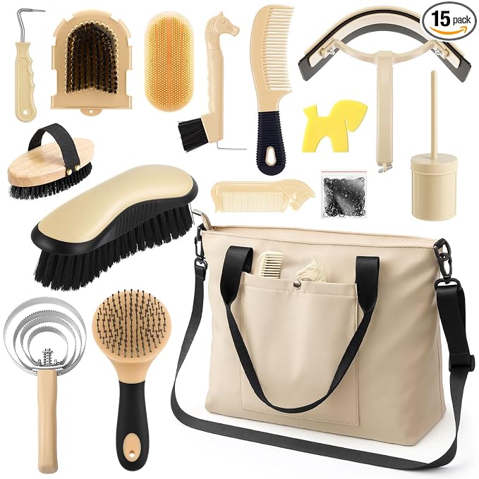 Abbylike 15 Pieces Horse Grooming Kit with Organizer Tote Bag Tack Room Supplies Horse Brush Sets Care Equine Cleaning Kit Shedding Grooming Massaging Tools (Beige)