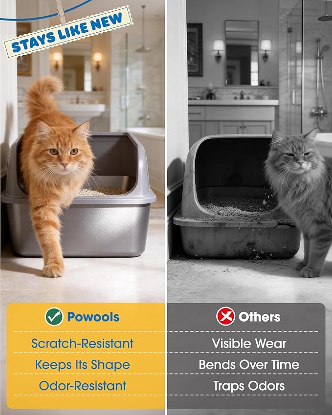 Powools Stainless Steel Cat Litter Box, Metal Litter Box with Scoop, High- Sided, Anti-Leakage Top Entry, Non-Sticky, Easy to Clean, Grey, M (2 Pack)