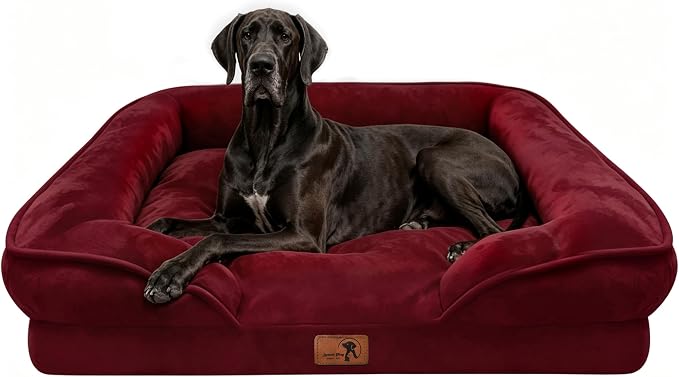 Spotted Play Orthopedic Dog Bed with Sides - Sofa Beds for Extra Large Dogs, Supportive Foam Pet Couch Bed with Washable Removable Cover, Waterproof Lining and Non-Slip Bottom, Burgundy - XXL