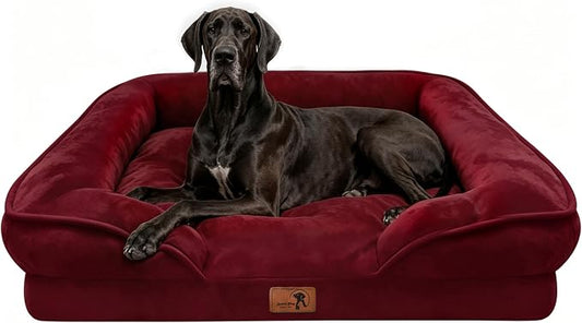 Spotted Play Orthopedic Dog Bed with Sides - Sofa Beds for Extra Large Dogs, Supportive Foam Pet Couch Bed with Washable Removable Cover, Waterproof Lining and Non-Slip Bottom, Burgundy - XXL