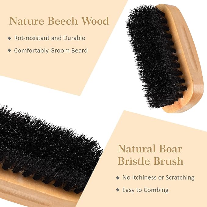 10 Sets Natural Boar Bristle Brush, Pear Wood Dual-Sided Wide Tooth Comb, Travel Pouch - Beard Grooming Kit for Men's Beard Care, Valentine's Gift (Rectangle)