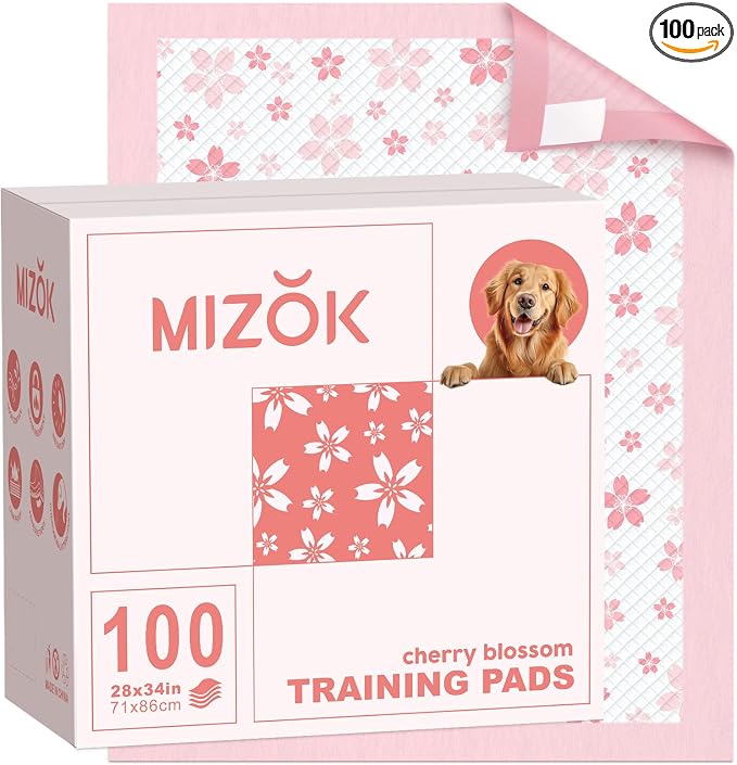 MIZOK Pink Puppy Pads with Adhesive Tabs Disposable Pee Pads 28x34in 100Ct | Heavy Duty Floor Protection Super Absorbent Large Pet Training Pads Use Sticky Bottom Strips to Keep Indoor Areas Mess Free