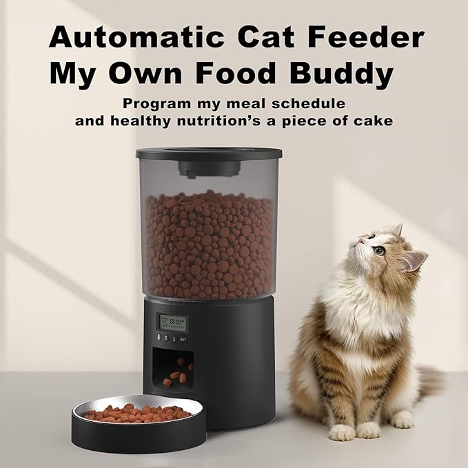 Automatic Cat Feeder 4.2L,6 Meals/Day,Dual Power Portion Control Feeder,Dry Pet Food Auto Dispenser,Timer Setting,10S Voice Record (Transparent Black, Stainless Steel Bowl)