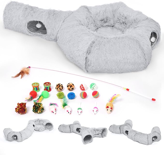 Cat Tunnels Bed with 1 Straight Tunnel and 20 Pet Toys - 5 Shapes DIY Indoor Cats Cave - Detachable Soft Cat Donut for Kitten Puppy Rabbit Ferret