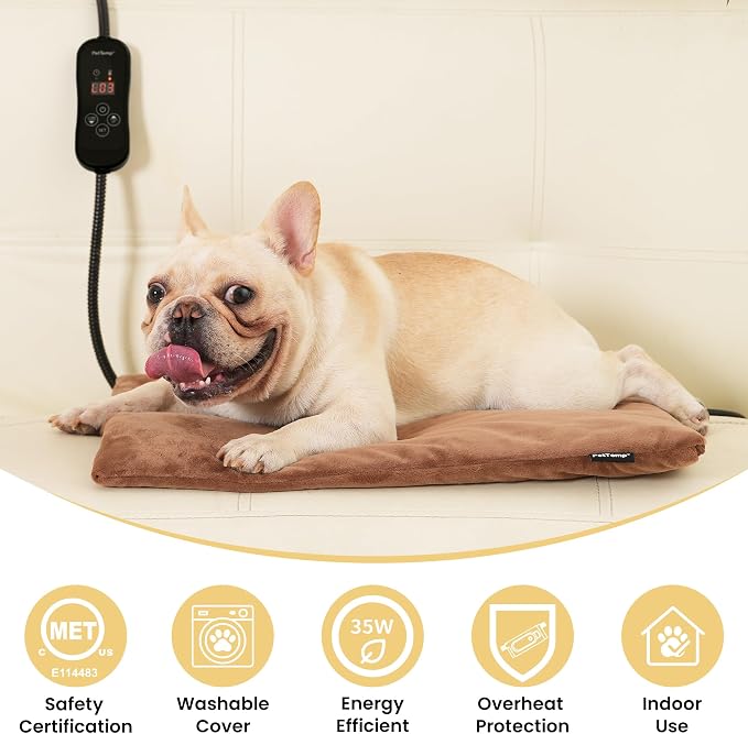 Pet Heating Pad for Cats and Dogs, Heated Cat Bed & Dog Heating Pad with 5 Temperature Levels, Waterproof Heated Pet Mat with Timer, Auto Power-Off and Chew Resistant Cord, 20'' x 16''