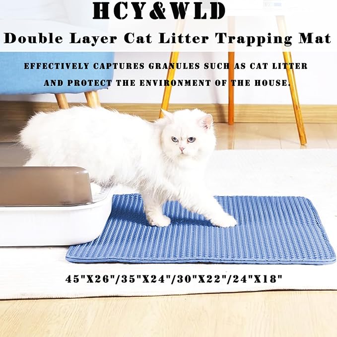 HCY&WLD Cat Litter Mat, Honeycomb Double Layer Cat Litter Trapping Mat, Waterproof Urine Proof Non-Slip, Scatter Control, Less Waste, Easier to Clean (Blue, 45" X 26")