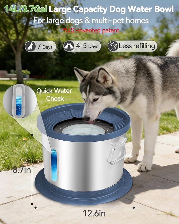 UPSKY 14L No Spill Dog Water Bowl, Spill Proof Slow Drinking for Large Dogs | Extra-large Capacity, 304 Stainless Steel, Dual-suction Anti-slip Base, Floating Disk, Water Window, For Messy Drinkers, Blue