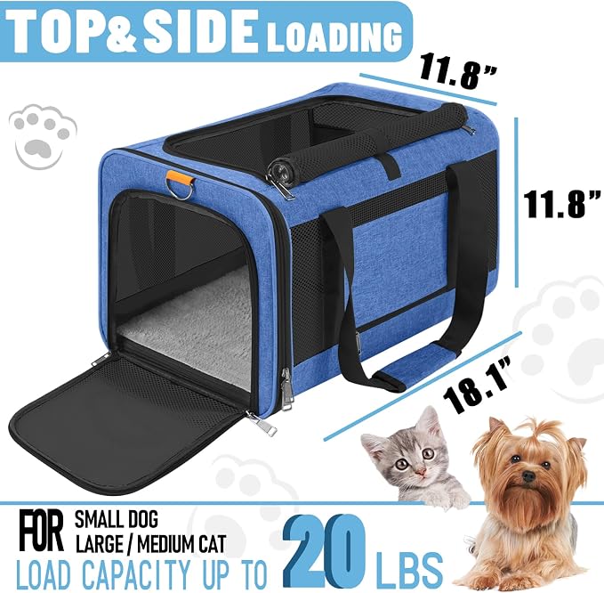 GAPZER Large Cat Carrier Soft, Collapsible Travel Pet Carry Bag, Small Dogs | Large Kitty Cat 20 lbs Maine Coon, Top Load Transport Small Puppy Dog Kennel, Yorkie Little Dog 10lbs, Sturdy Fabric Blue
