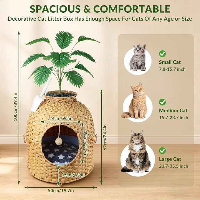 Cat Hidden Litter Box Enclosure Furniture, Handwoven Rattan Cat House with Decorative Faux Plant, Cat Litter Box with Scoop & Sisal Ball, Real Stones for Living Room, Bedroom, Corner Natural