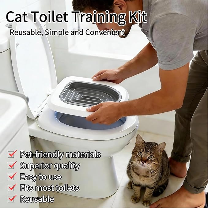 Cat Toilet Training Kit, Reusable Plastic Litter Box Trainer with Replaceable Feather Toy for Indoor Cats (Gray)
