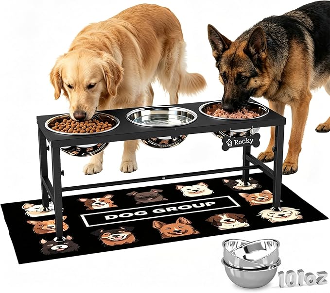 Extra Large Elevated Dog Bowls, 4 Adjustable Height with Three 101oz/3000ml Large Stainless Steel Bowls and Splash pad, Raised Dog Bowl Stand for Large and Extra Large Breeds
