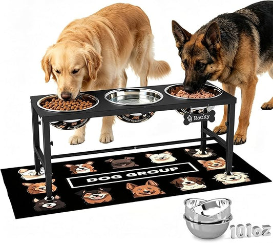 Extra Large Elevated Dog Bowls, 4 Adjustable Height with Three 101oz/3000ml Large Stainless Steel Bowls and Splash pad, Raised Dog Bowl Stand for Large and Extra Large Breeds