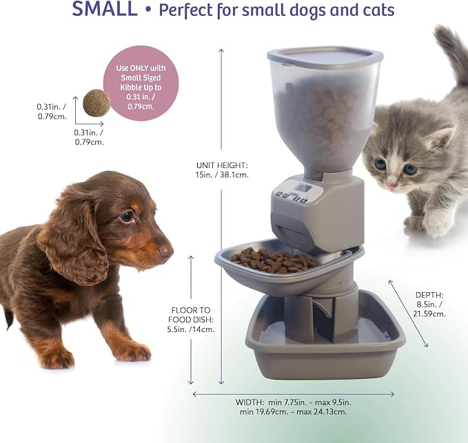 Feeding Friend® Automatic Dog & Cat Food Feeder with Water Dispenser –Smart Pet Feeder with Portion Control, OLED Display, Anti Jam Design, Battery Operated Dispenser for Small - (XS) Pets 4-15 Taupe