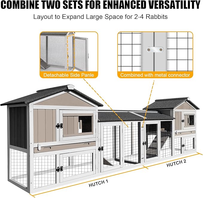 PetsCosset 114" L Rabbit Hutch Indoor and Outdoor 2-Story Rabbit Cage with Pull Out Tray,Fir Wood Guinea Pig Cages with Wooden Ramp,Waterproof Bunny Cage Indoor Bunny Hutch with 2 Asphalt Roofs,Grey