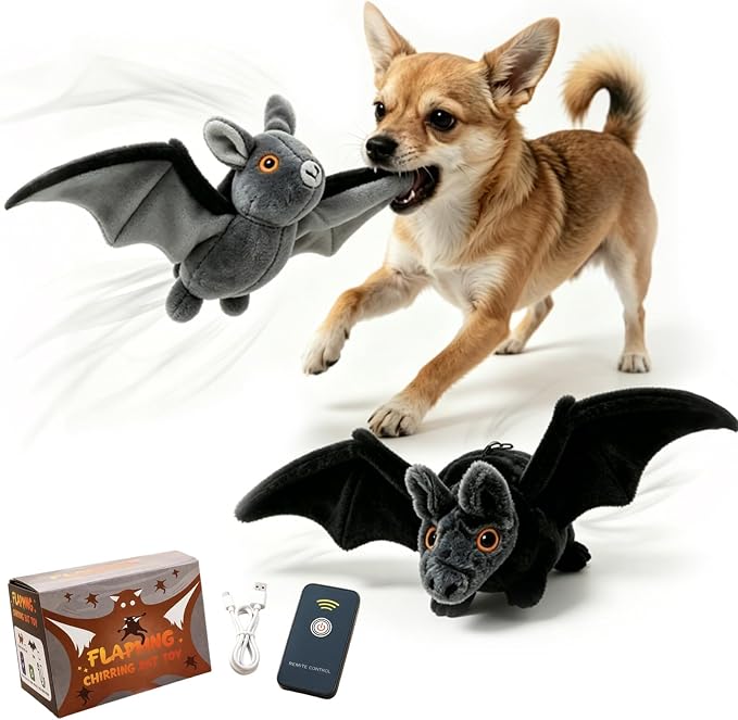 Interactive Flying Bat Dog Toy, Flapping Wings Cute Bat for Indoor Cats & Dogs, Automatic Flapping Wings with Chirping Sounds, Touch Activated, Rechargeable for Solo Play，Manual+Remote