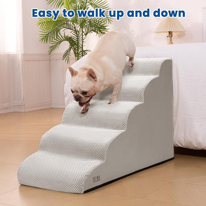 Dog Stairs for High Beds 22.4" H,5-Step Pet Ramp for Small & Medium Dogs | Airpanda Dog Steps with Washable Cover & High-Density Foam,Gentle Curved,Ideal for Senior & Short-Legged Dogs,Light Grey