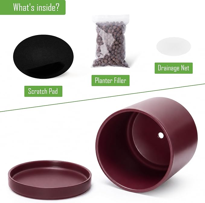 D'vine Dev 10 Inch Ceramic Planter Pot, Cordovan, 94-O-E-4 | Modern Cylinder Design, Drainage Hole & Saucer Included, Stable Structure, Elegant Home Accent