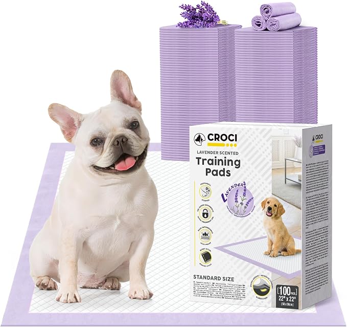 CROCI Puppy Pads with Adhesive Tabs Attractant Lavender Scent 22x22in 100Ct | Super Absorbent Pee Pads for Small Dogs Holds Up to 3 Cups of Urine, 6-Layers, Quick-Dry Surface, Leak-Proof, Disposable