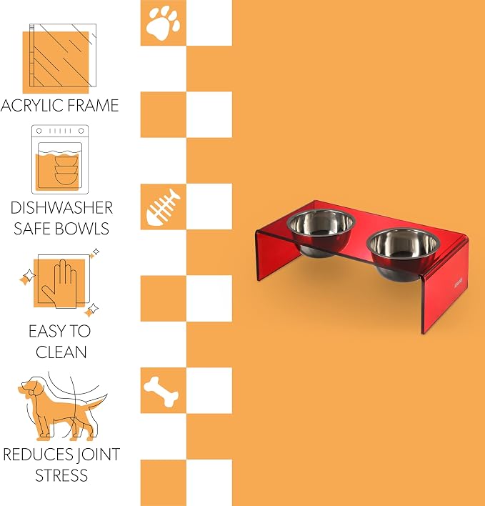 DBL2001H Keaton 7.5" Medium/Large Modern Acrylic Rectangular Elevated Pet Feeder with 54oz 2-Stainless Steel Bowls, Red/Chrome